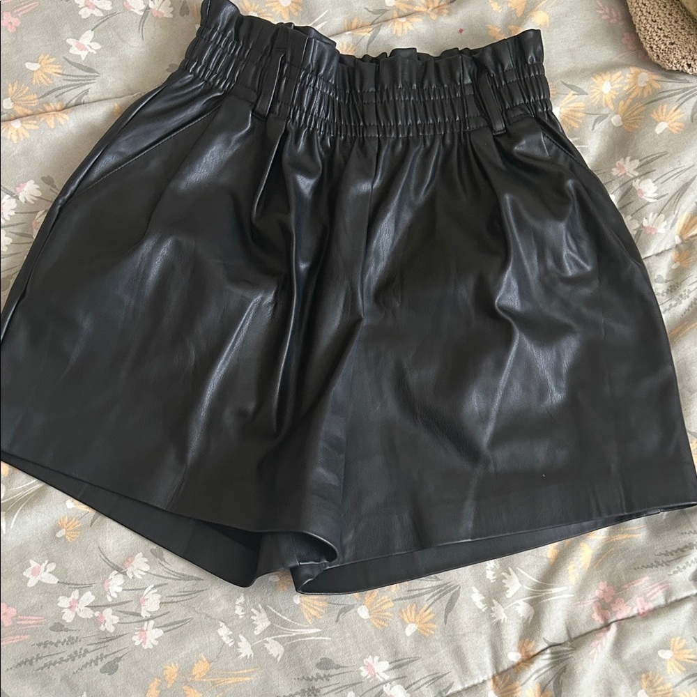Zara Black High-Waist Faux Leather Paperbag Shorts